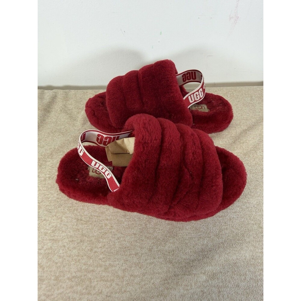 UGG FLUFF YEAH SLIDE RED RIBBON SLINGBACK SHOES Sandals SLIPPERS WOMEN Sz 4